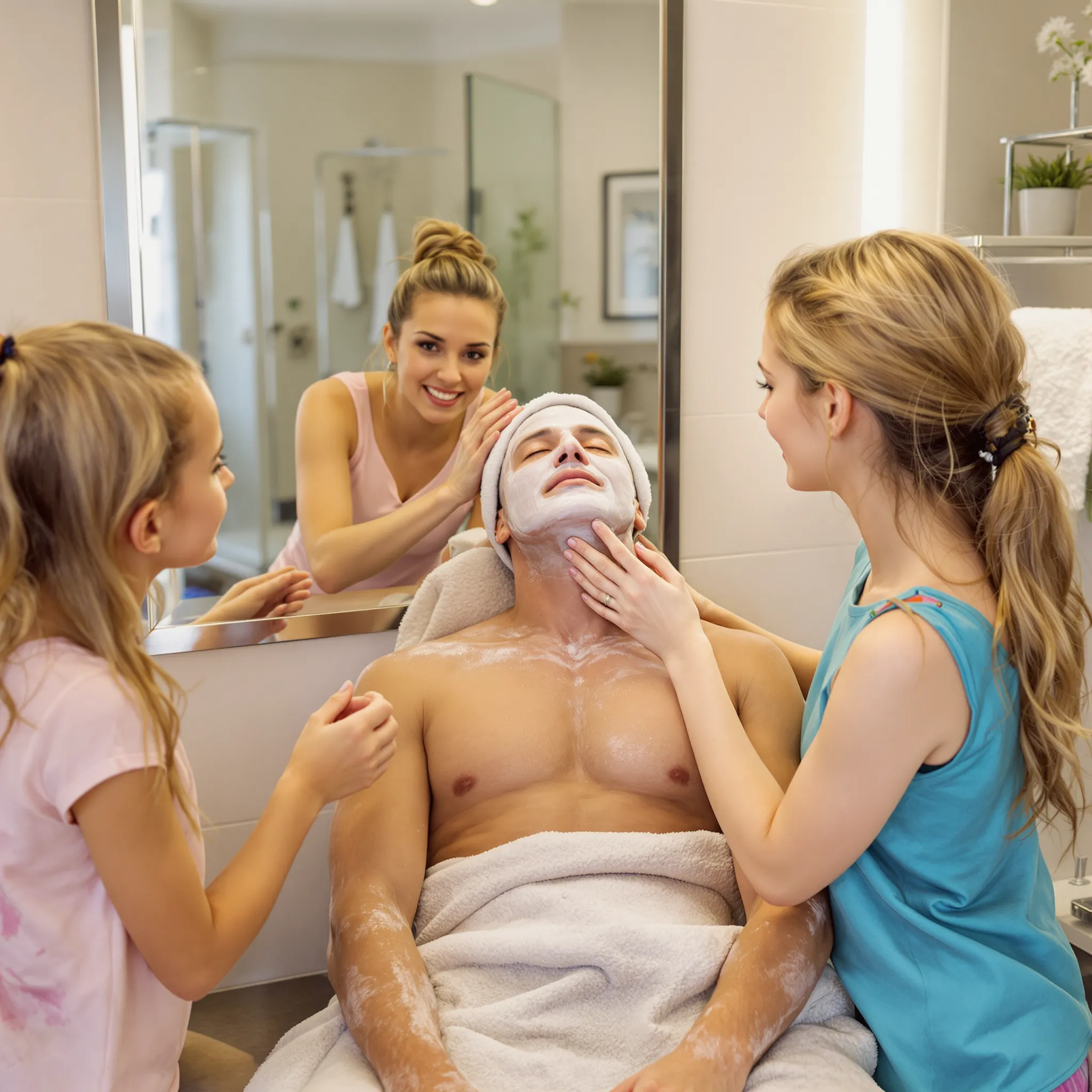A person who appears to be a father is receiving a facial treatment from two people, while another person looks on.