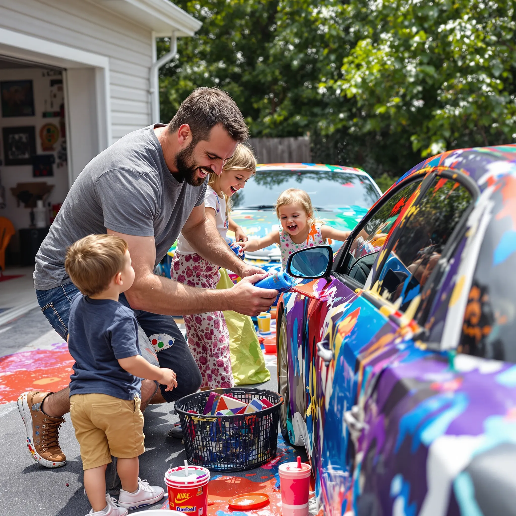 A man, who appears to be a father, is washing a car with several children.
