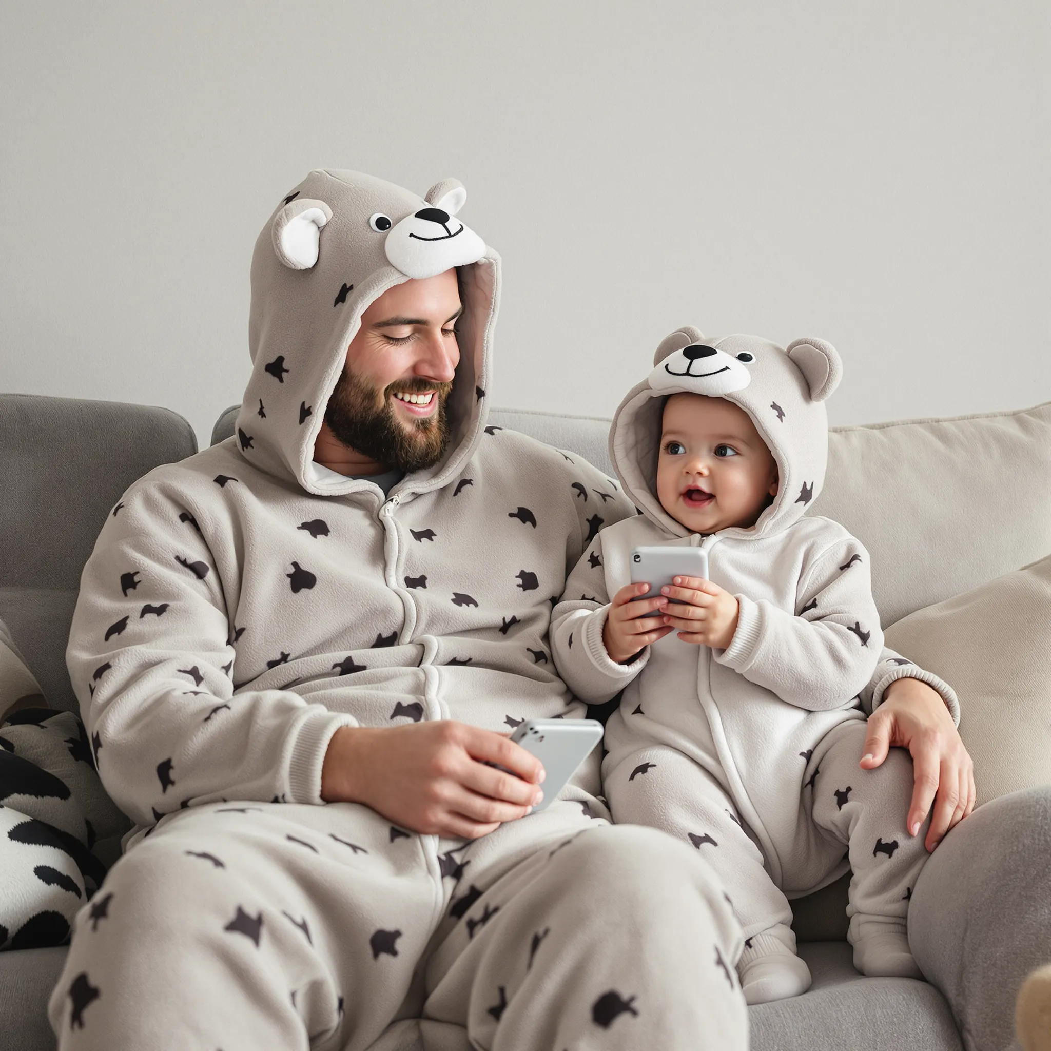 A father and a young child, both wearing matching spotted animal hooded pajamas, sit together on a couch. The father is smiling and looking at the child.