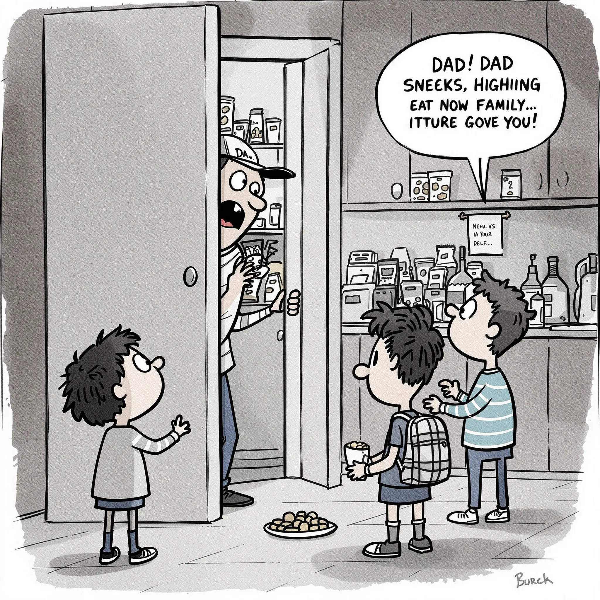 A cartoon depicts two children opening a closet overflowing with wrapping paper and bows. One child says, 
