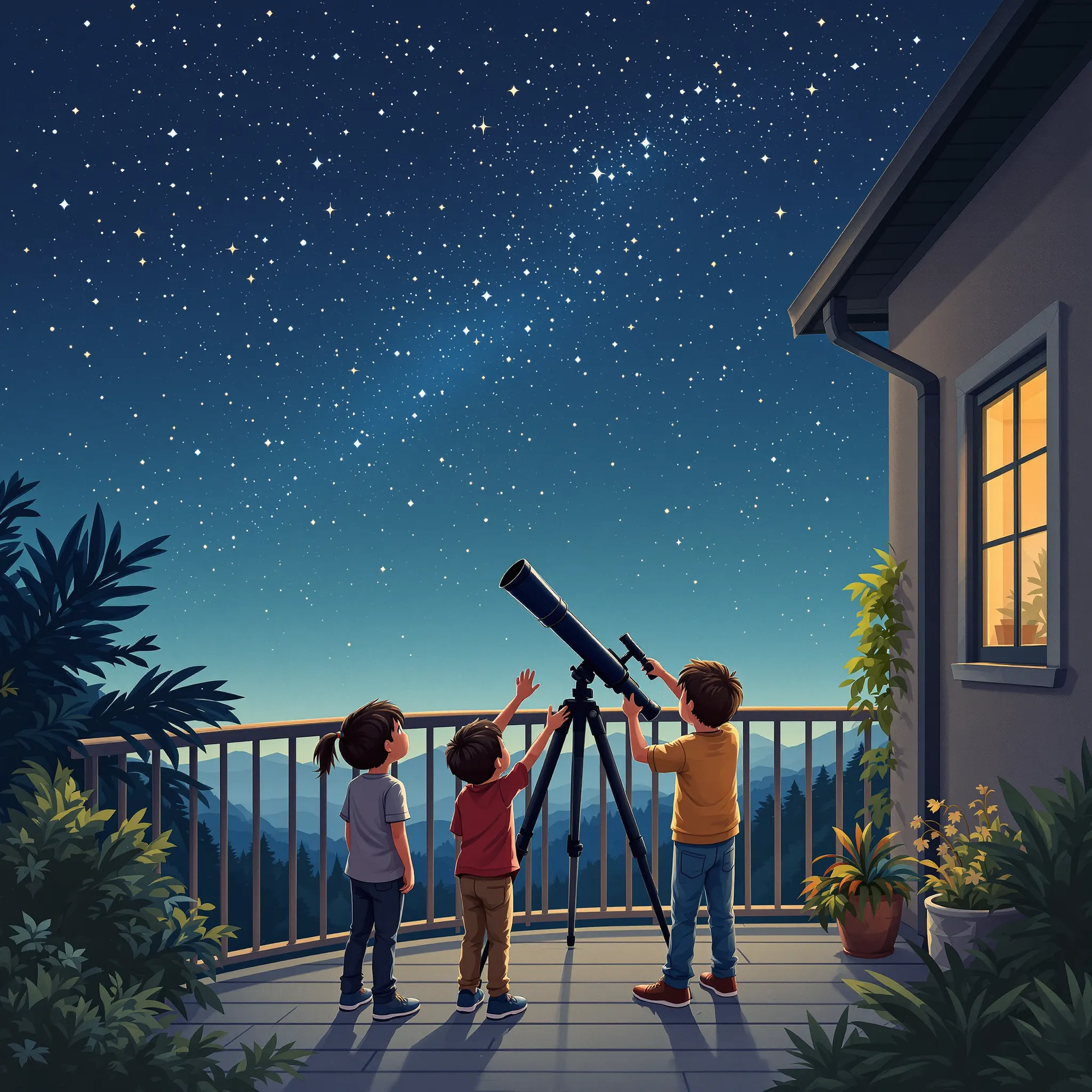 Three children stand on a porch at night, looking through a telescope at a starry sky. The side of a house with a lit window is visible.