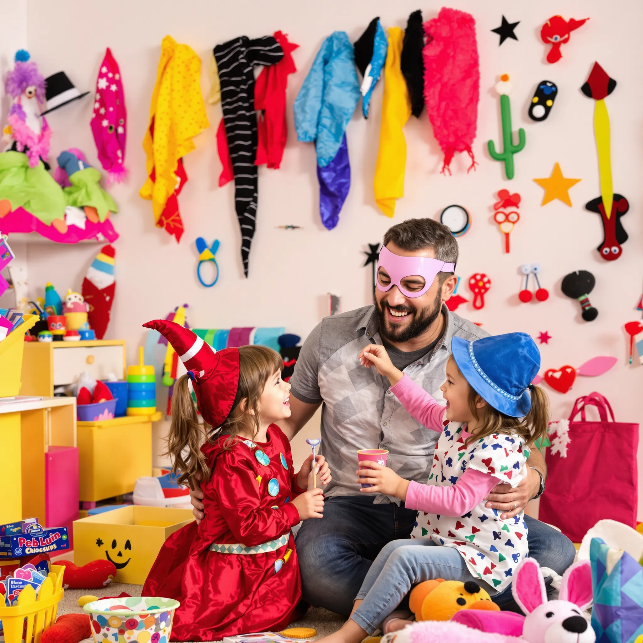 A bearded father sits on the floor surrounded by colorful toys and decorations, playing with his three young children who are dressed in costumes. They are all smiling and engaged in their play.