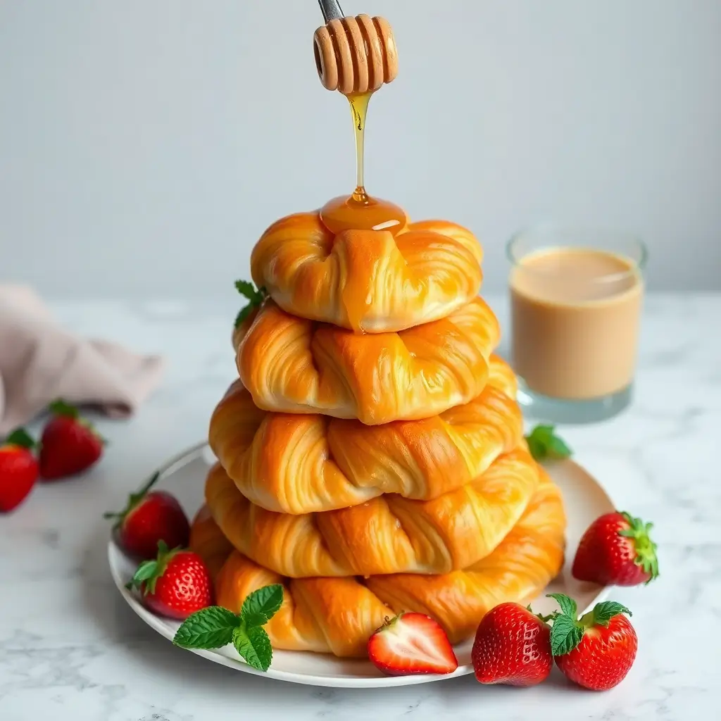 A tower of croissants with honey dripping down.
