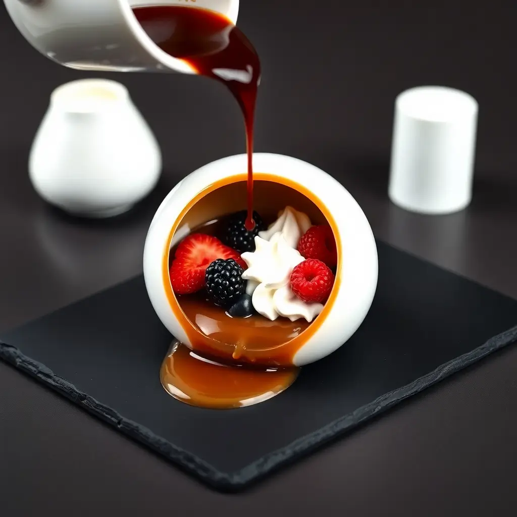 A bowl of dessert with berries and a dark sauce being poured over it.