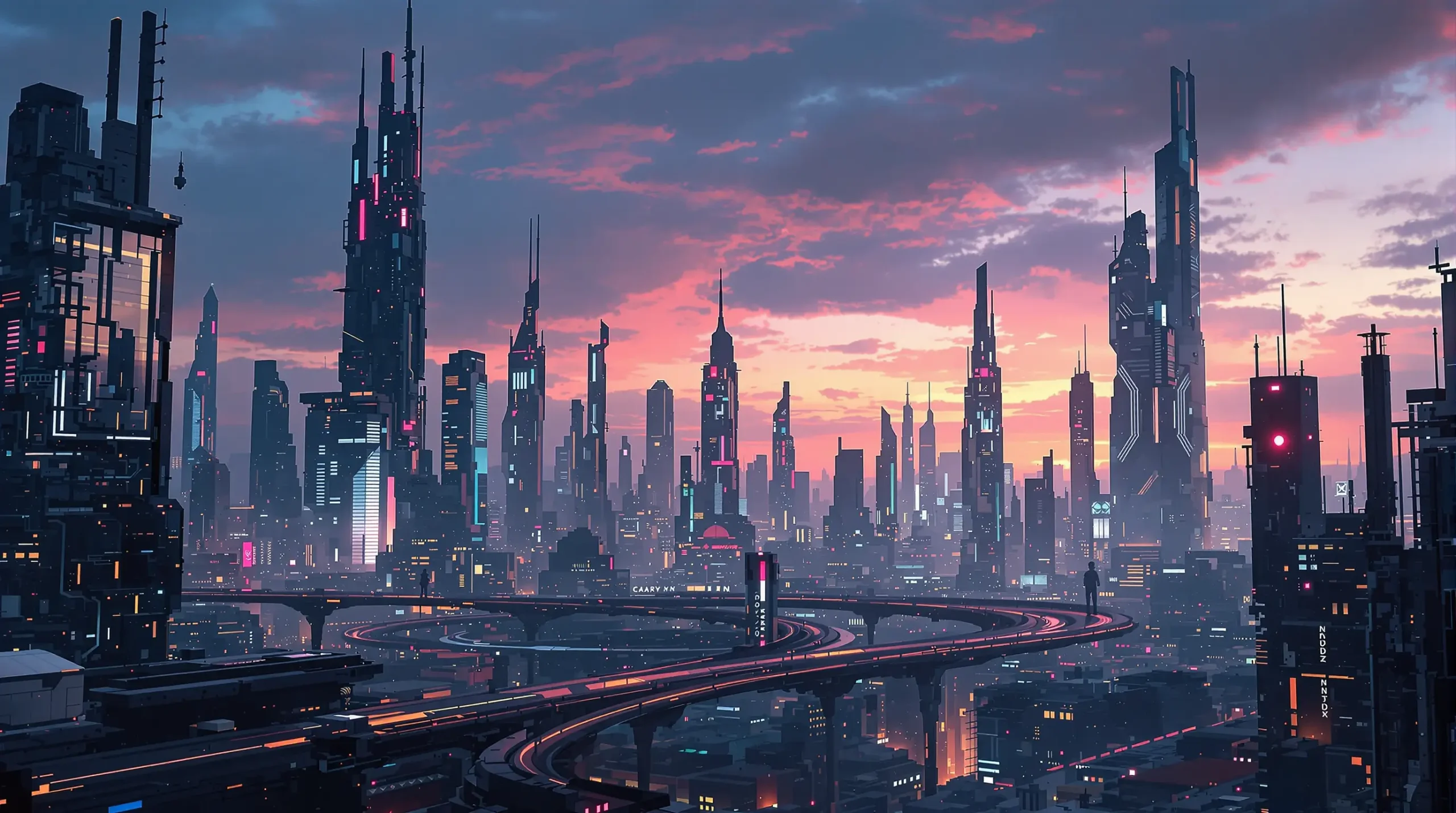 AI-generated image of a futuristic cyberpunk city skyline at dusk with neon lights, high-rise buildings, and layered highways.