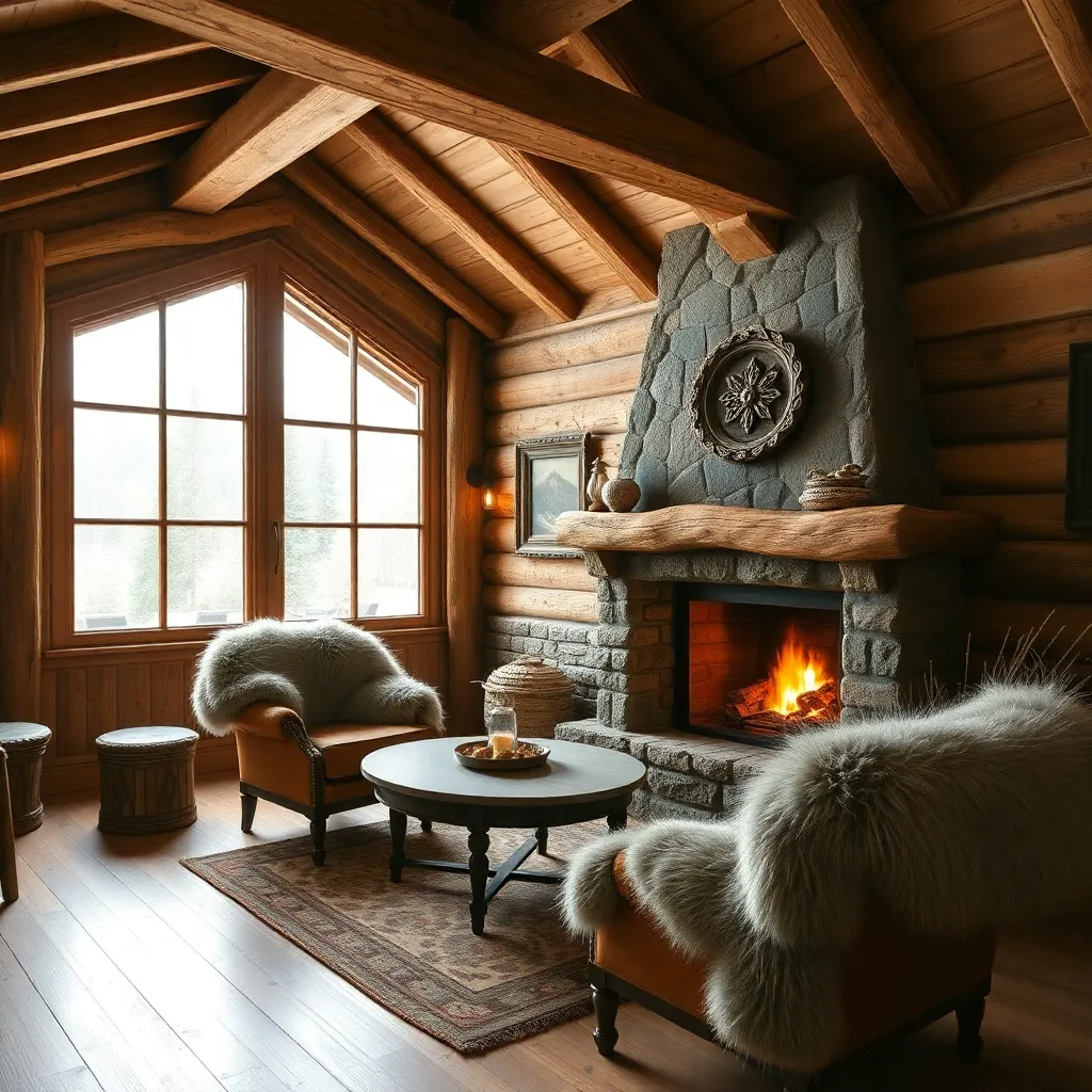 A cozy living room with a fireplace and wooden beams.