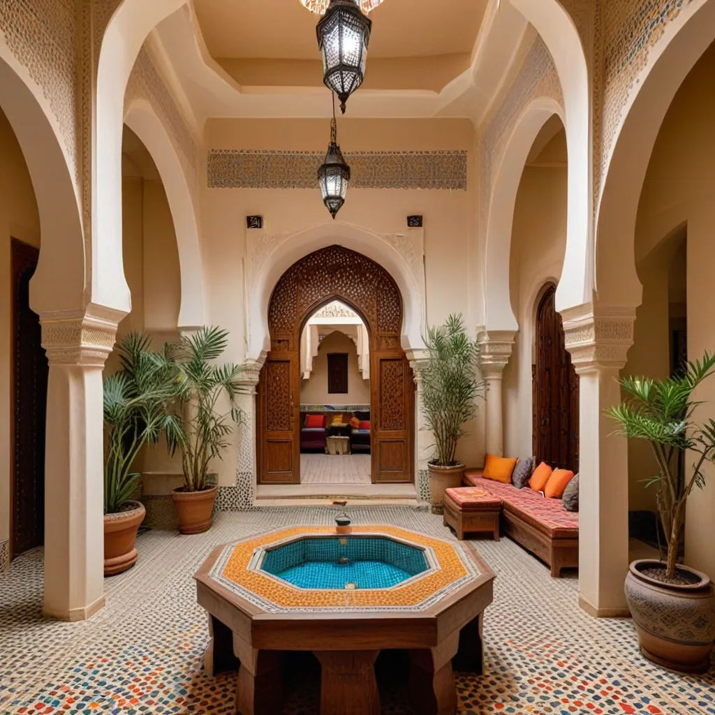 A Moroccan-inspired courtyard with colorful tiles and arched doorways.