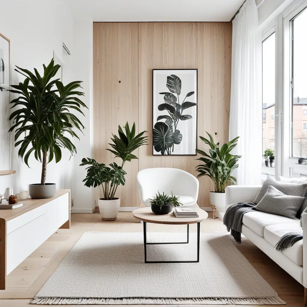 A modern living room with a minimalist design and large windows.