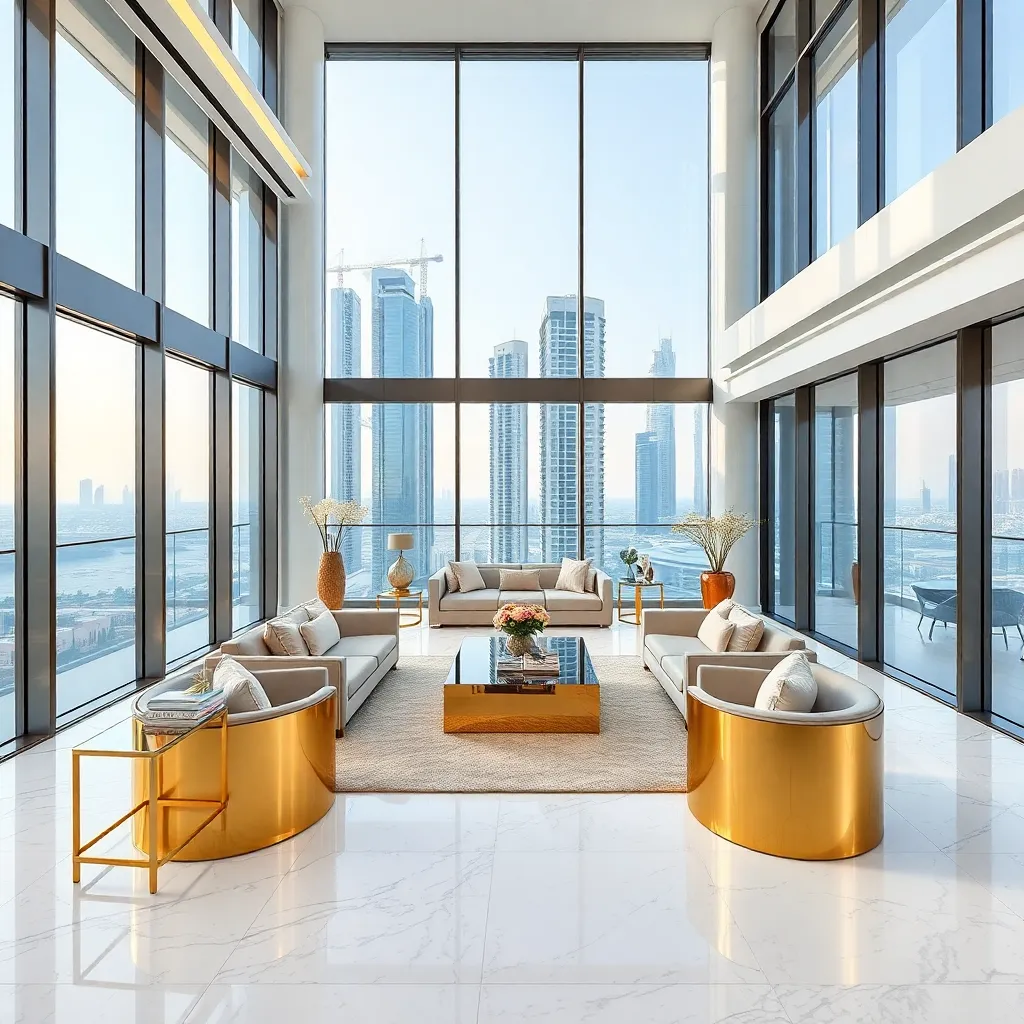 A luxurious living room with a panoramic city view.