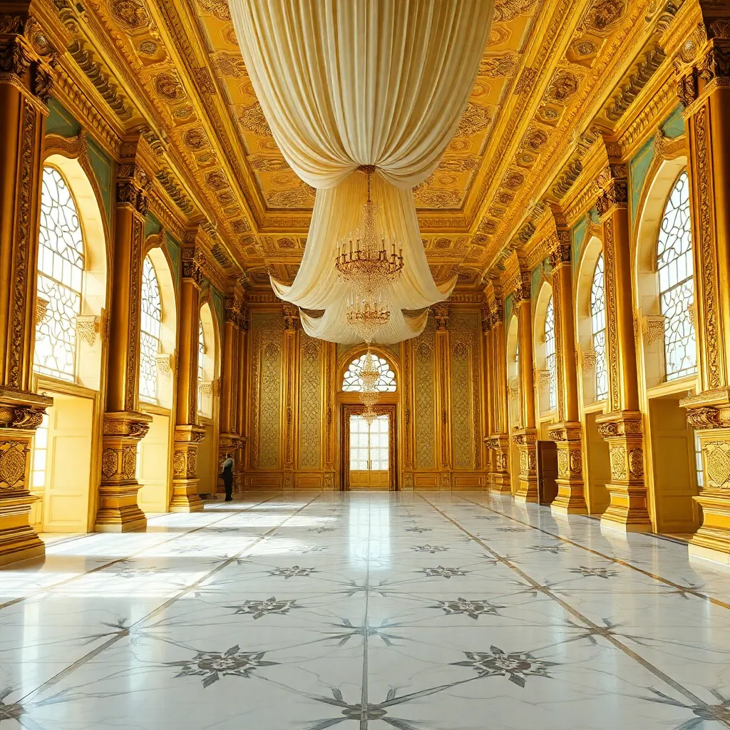 A grand hall with a high ceiling and ornate decorations.