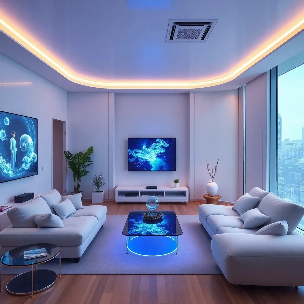 A modern living room with colorful lighting and a large TV.