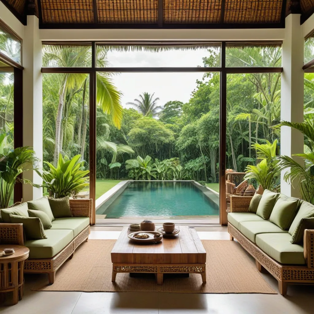 A living room with large windows overlooking a pool and garden.