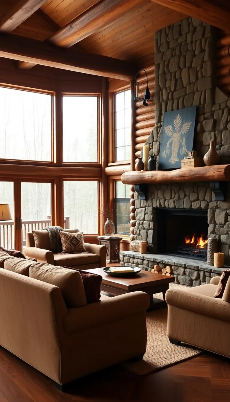 A cozy living room with a stone fireplace and large windows.