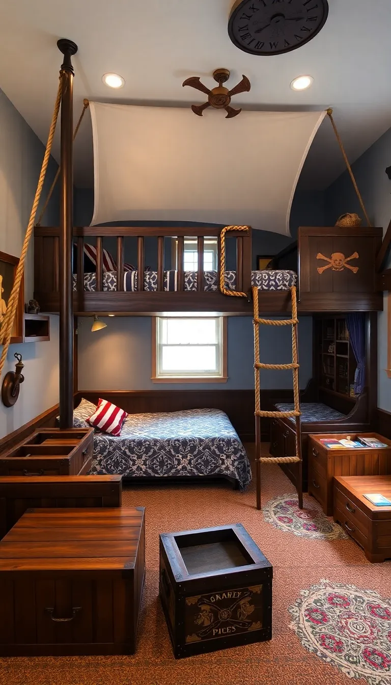 A spacious loft bedroom with a projector screen and a cozy seating area.