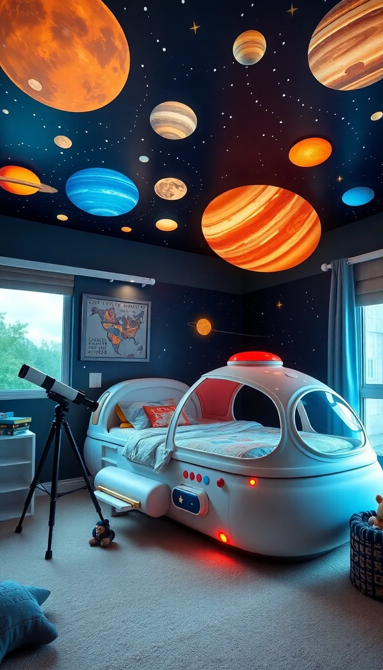 A child's bedroom with a space-themed design, including a planet-themed ceiling and a spaceship bed.