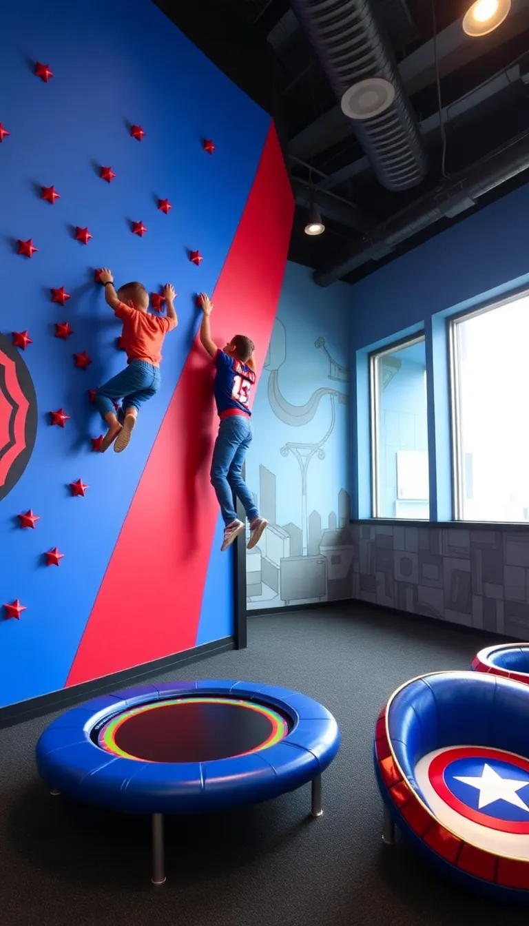 A child's bedroom with a climbing wall and superhero-themed decor.