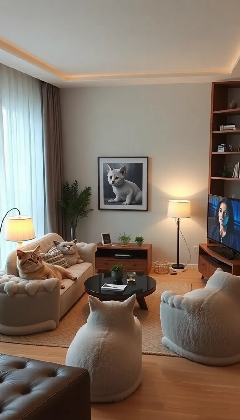 A modern living room with comfortable seating and large windows.