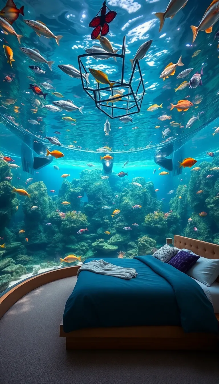 A bedroom with a large aquarium wall.