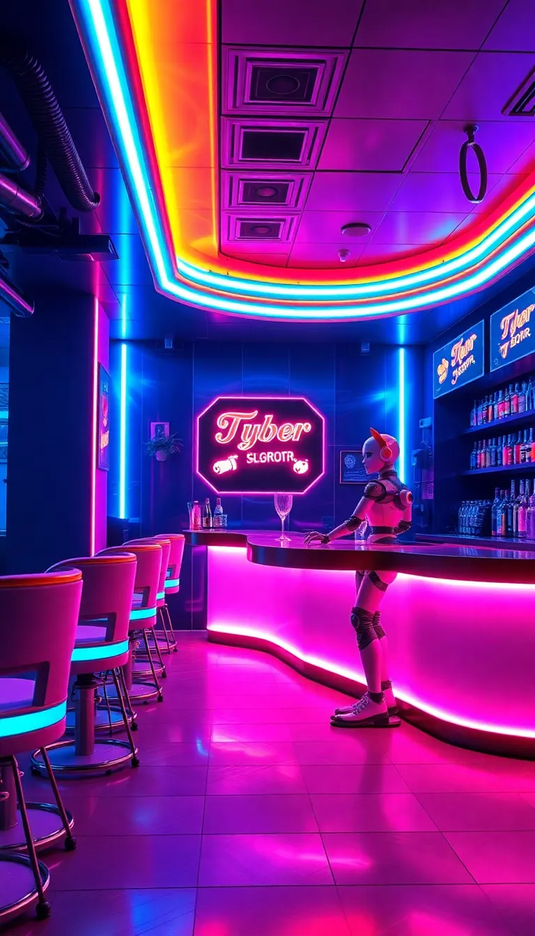 A vibrant gaming room with neon lights and a gaming setup.