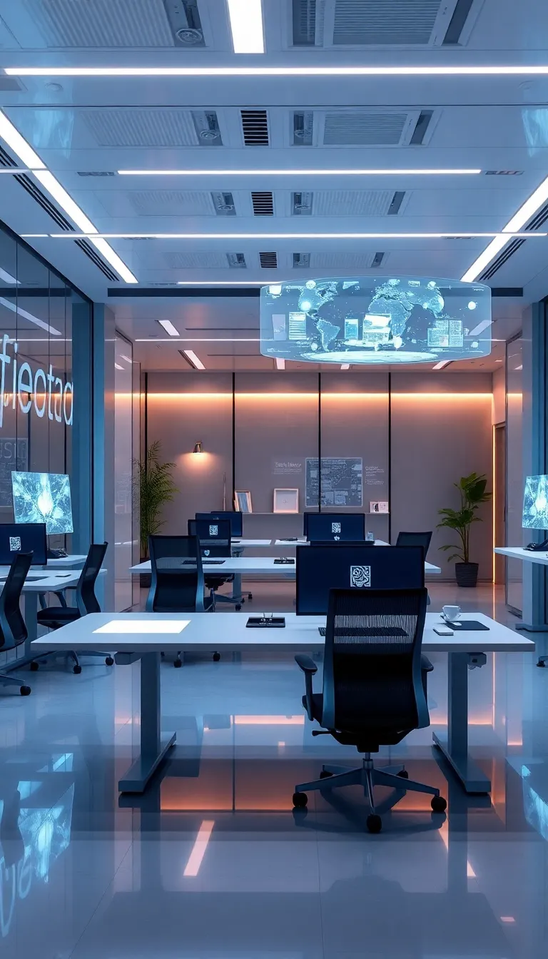 A modern office with a sleek design and multiple computer workstations.