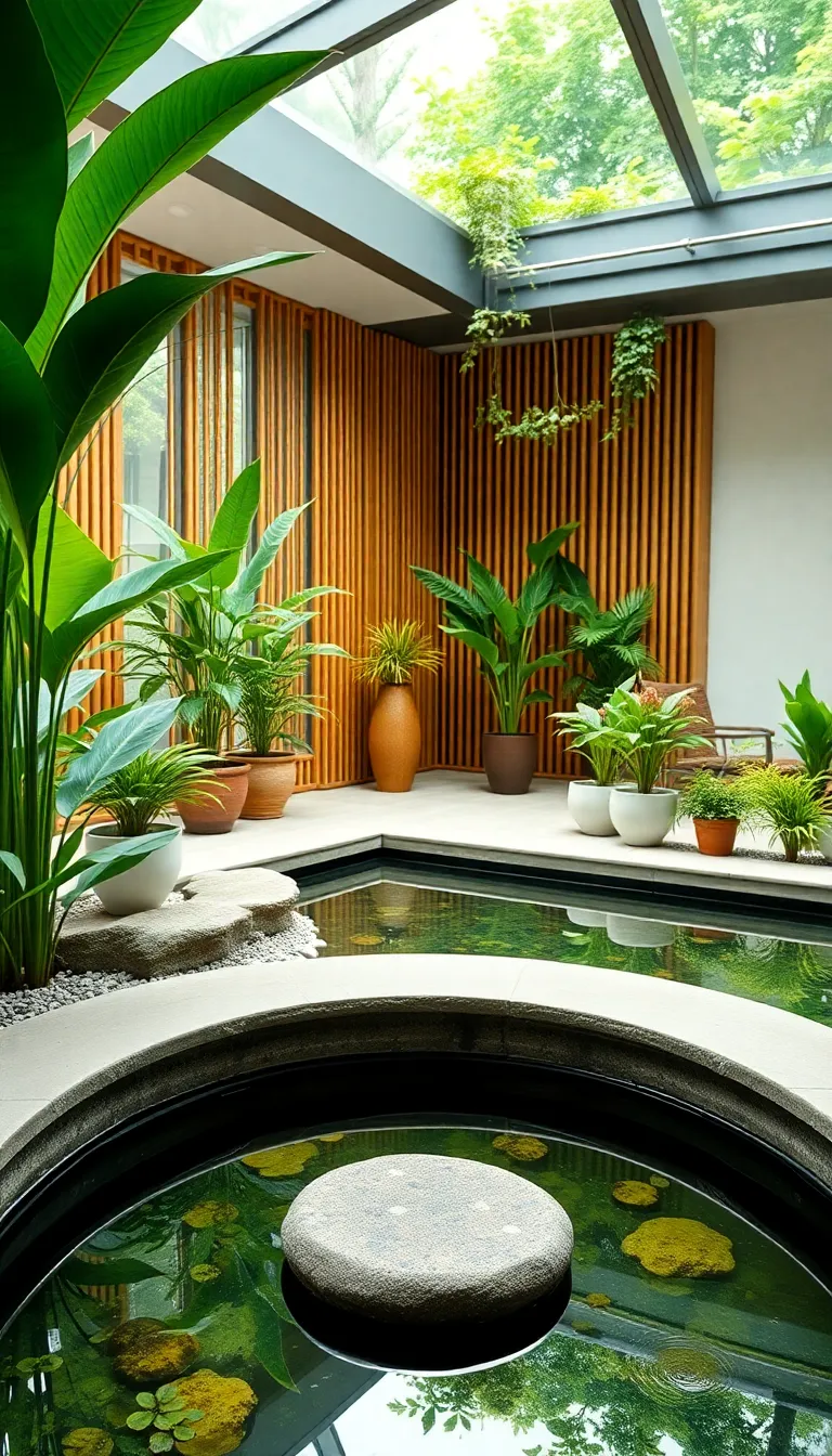 A minimalist Zen garden with a small pond and a wooden walkway.