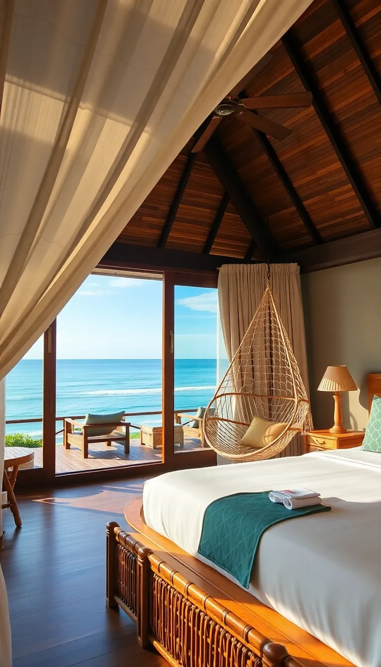 A luxurious bedroom with a large bed and a view of the ocean.