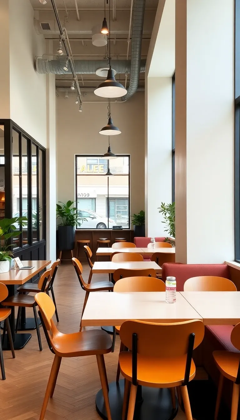 A modern, minimalist dining area with large windows.