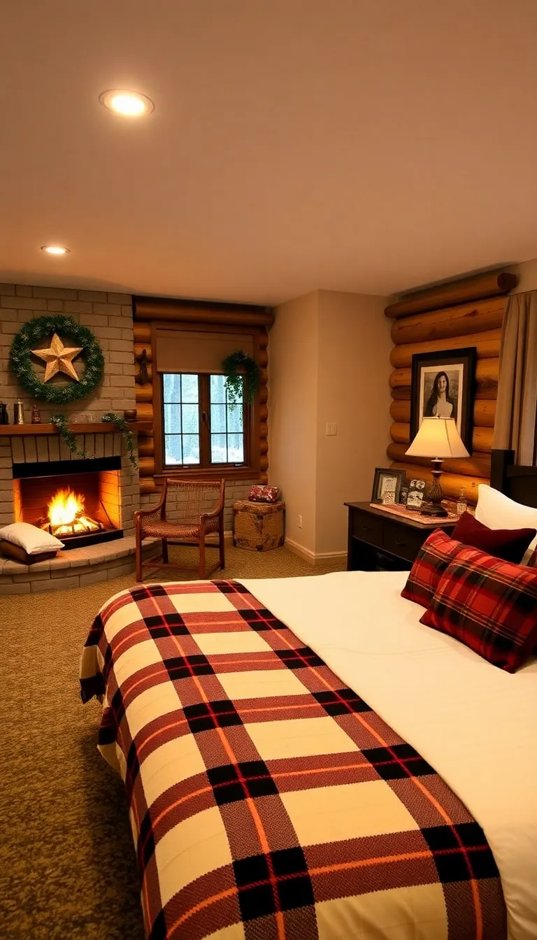 A cozy bedroom with a fireplace and a plaid bedspread.