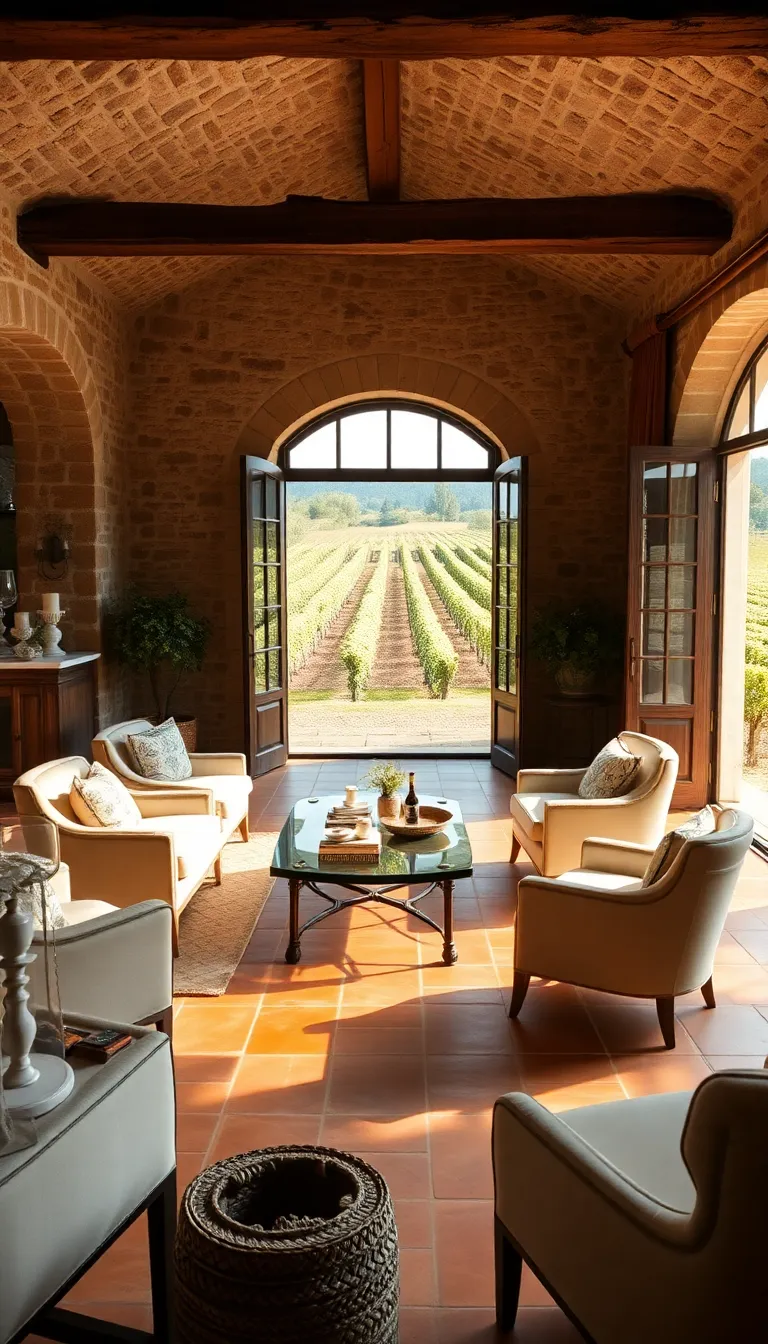 A spacious living room with high ceilings and a wooden beam.