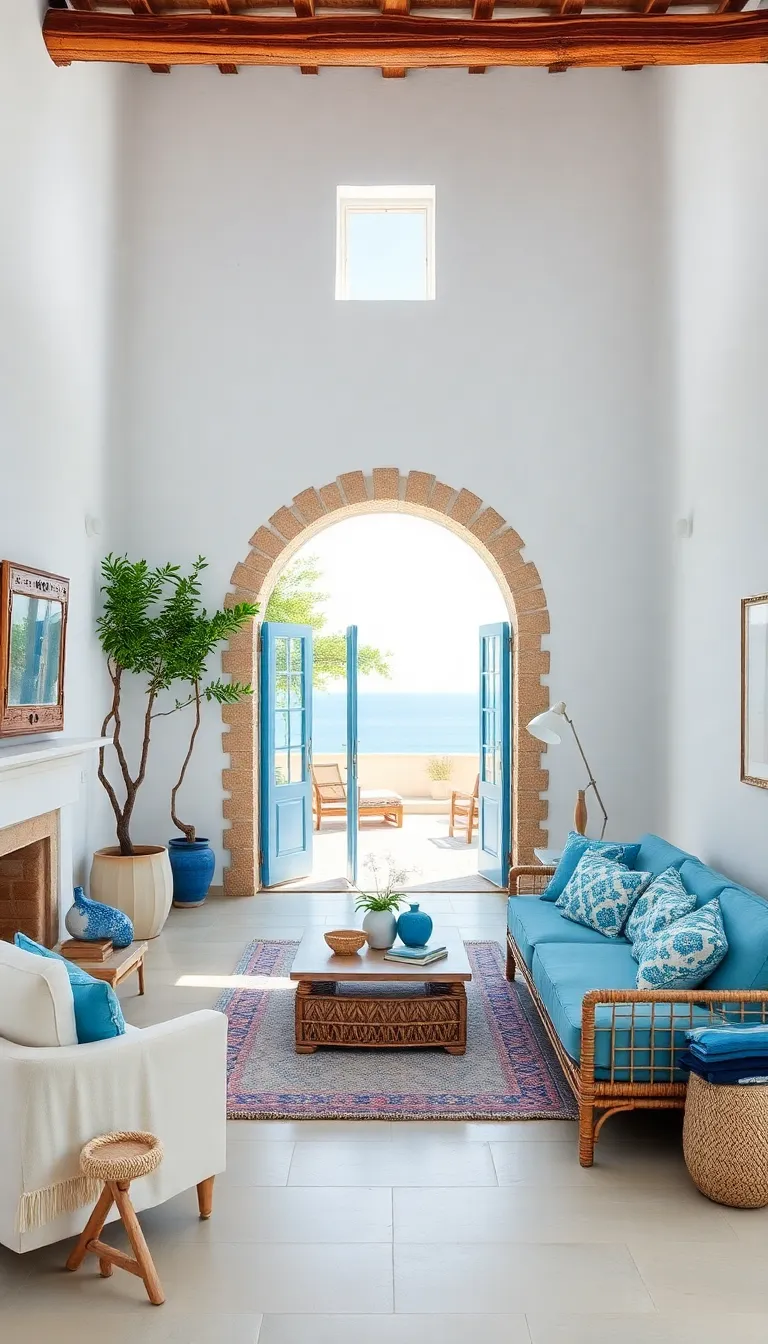 A cozy living room with a sofa, coffee table, and a view of the ocean.