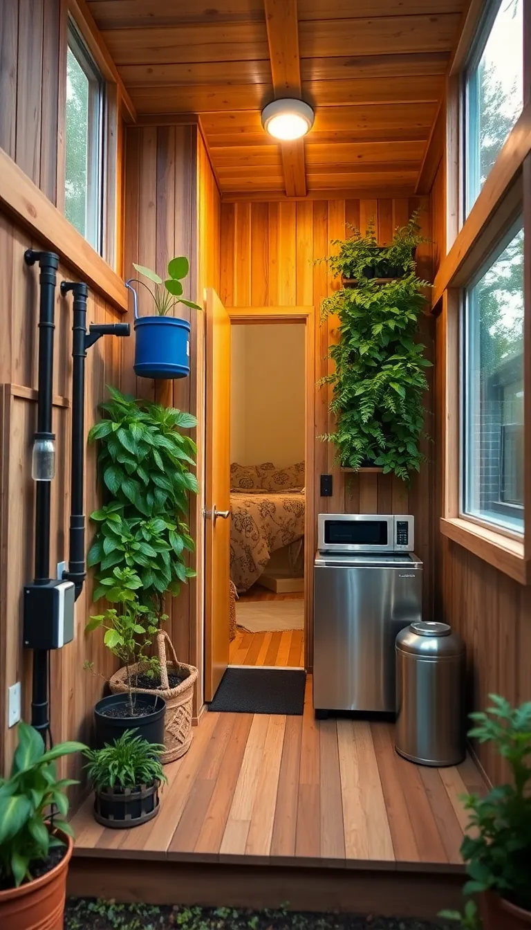 A narrow hallway with wooden walls and potted plants.