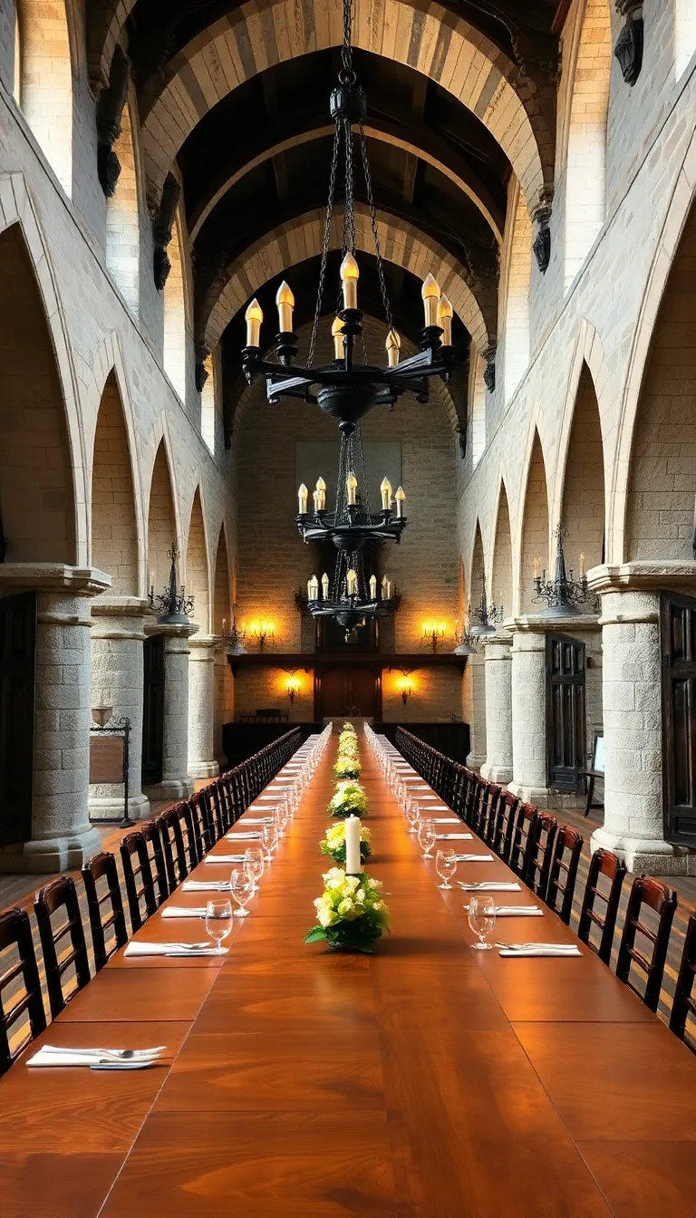 A long, narrow dining room with a wooden table and chairs.