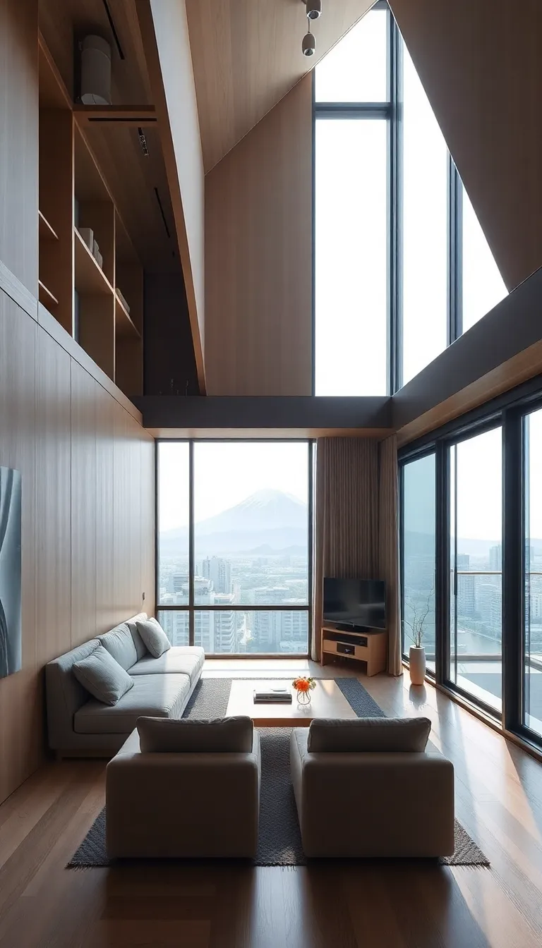 A modern living room with floor-to-ceiling windows and a minimalist design.