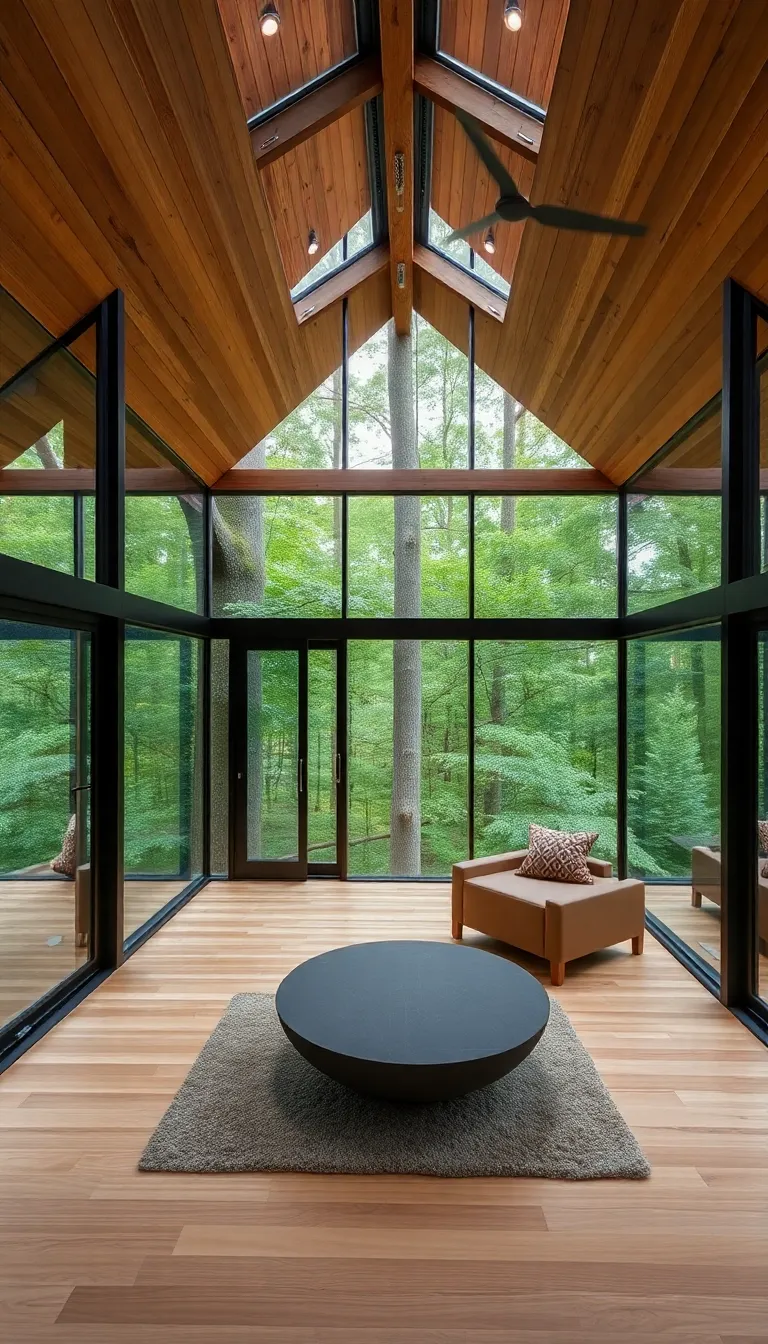 A cozy reading nook with a wooden ceiling and a comfortable chair.