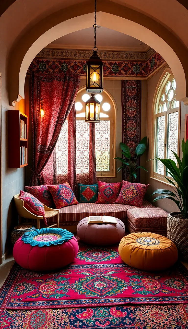 A bohemian-style living room with colorful pillows and a patterned rug.