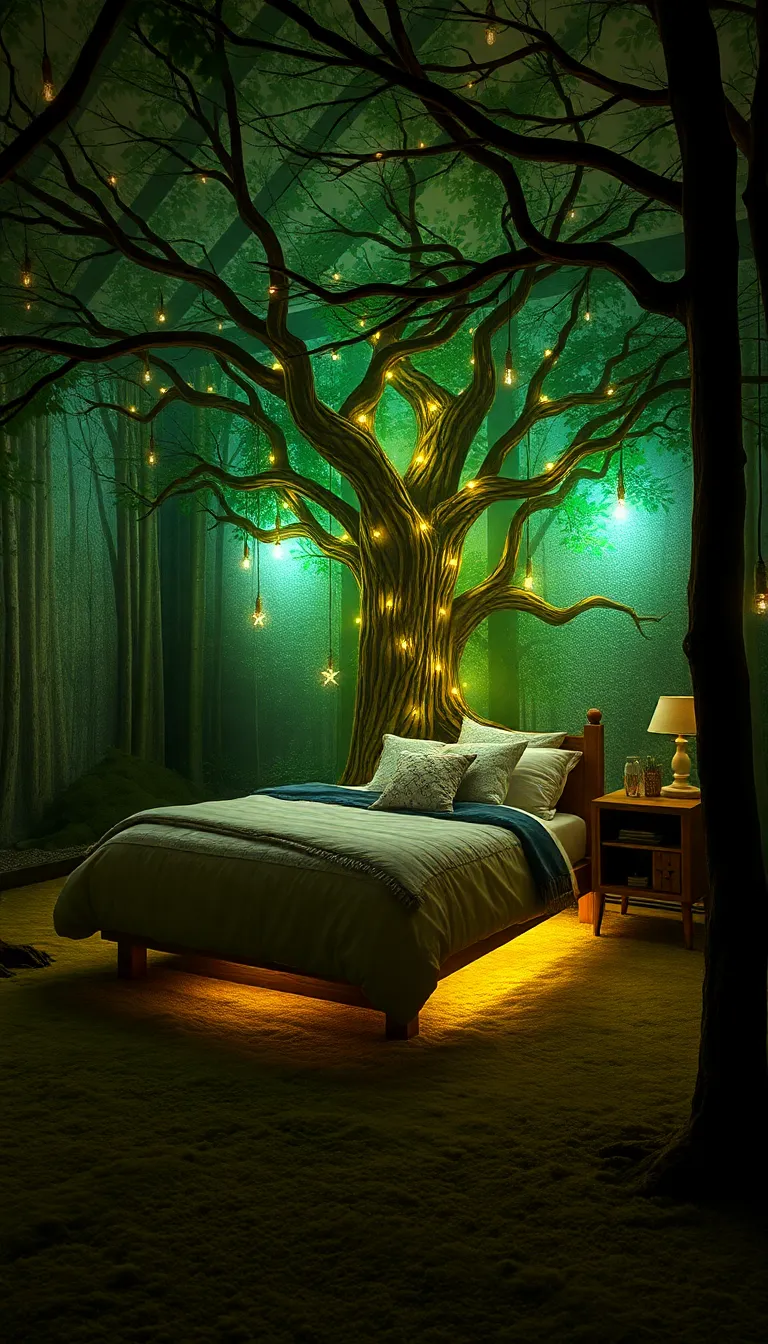 A magical forest-themed bedroom with a canopy bed and fairy lights.