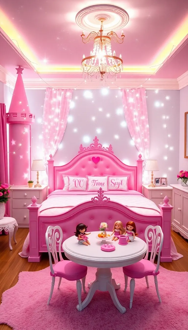 A pink princess-themed bedroom with a canopy bed and a vanity table.