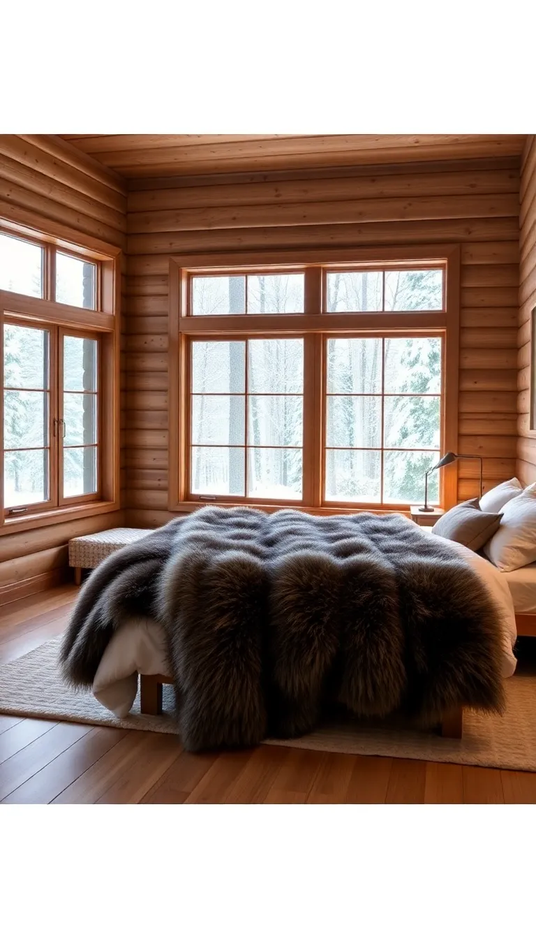 A cozy bedroom with a large bed and a view of the forest.