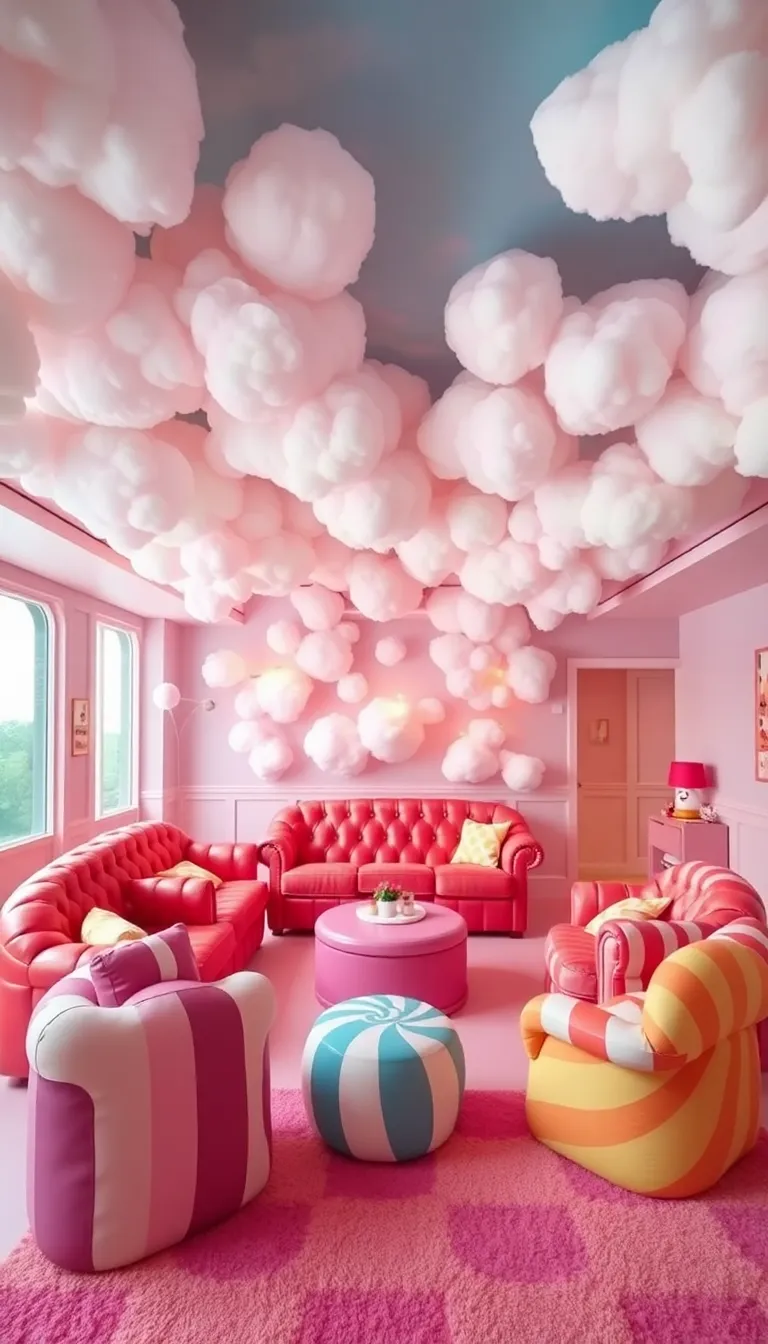 A whimsical bedroom with a cloud-themed ceiling and a colorful play area.