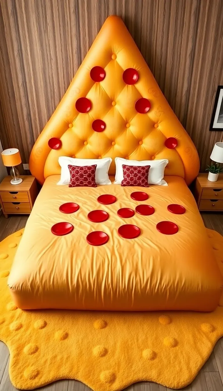 A large, pizza-shaped bed with pillows and a blanket.