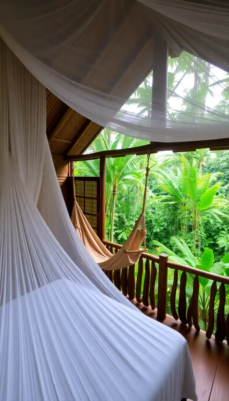 A cozy bed nestled in a treehouse with a view of the forest.