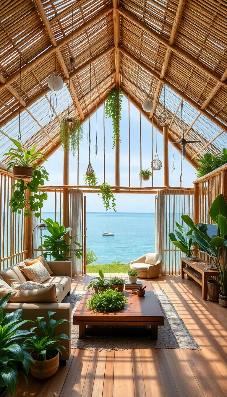 A living room with a glass ceiling and a view of the ocean.