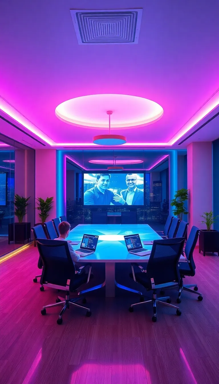 A modern office with LED lighting and a futuristic design.