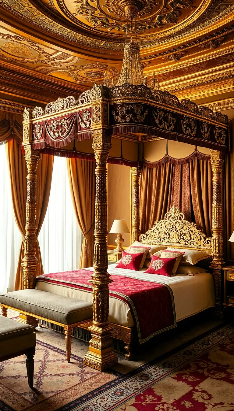 A luxurious bedroom with a four-poster bed and ornate decor.