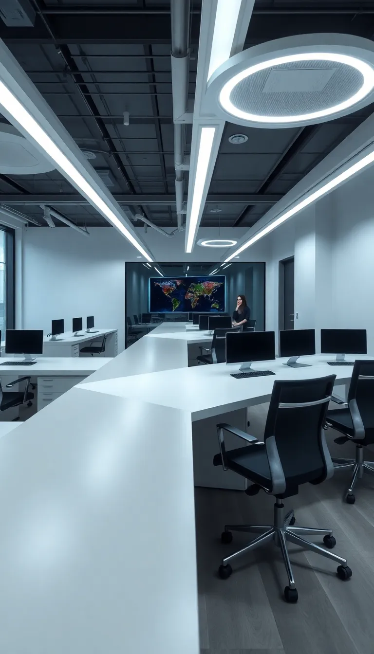 A minimalist office with a circular light fixture and clean lines.