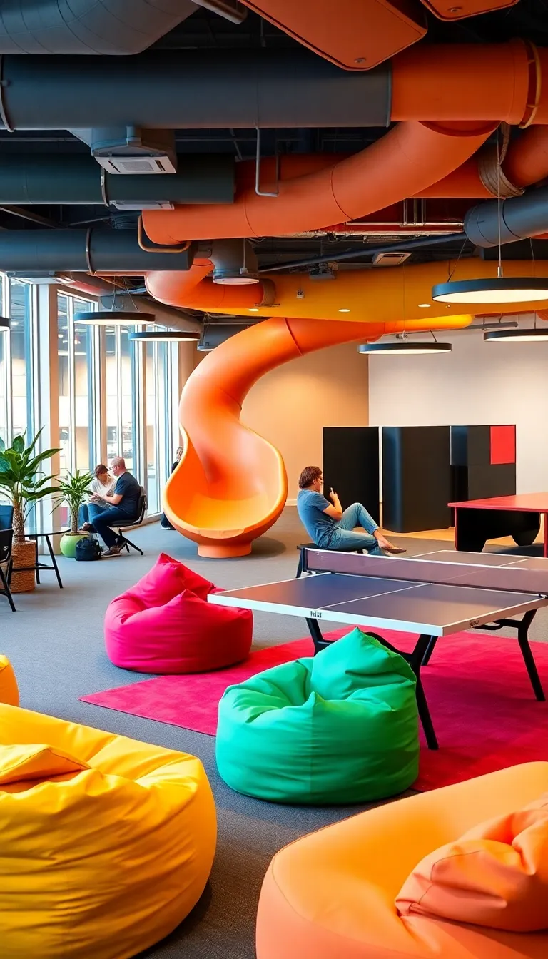 A colorful playroom with a giant slide and bean bag chairs.