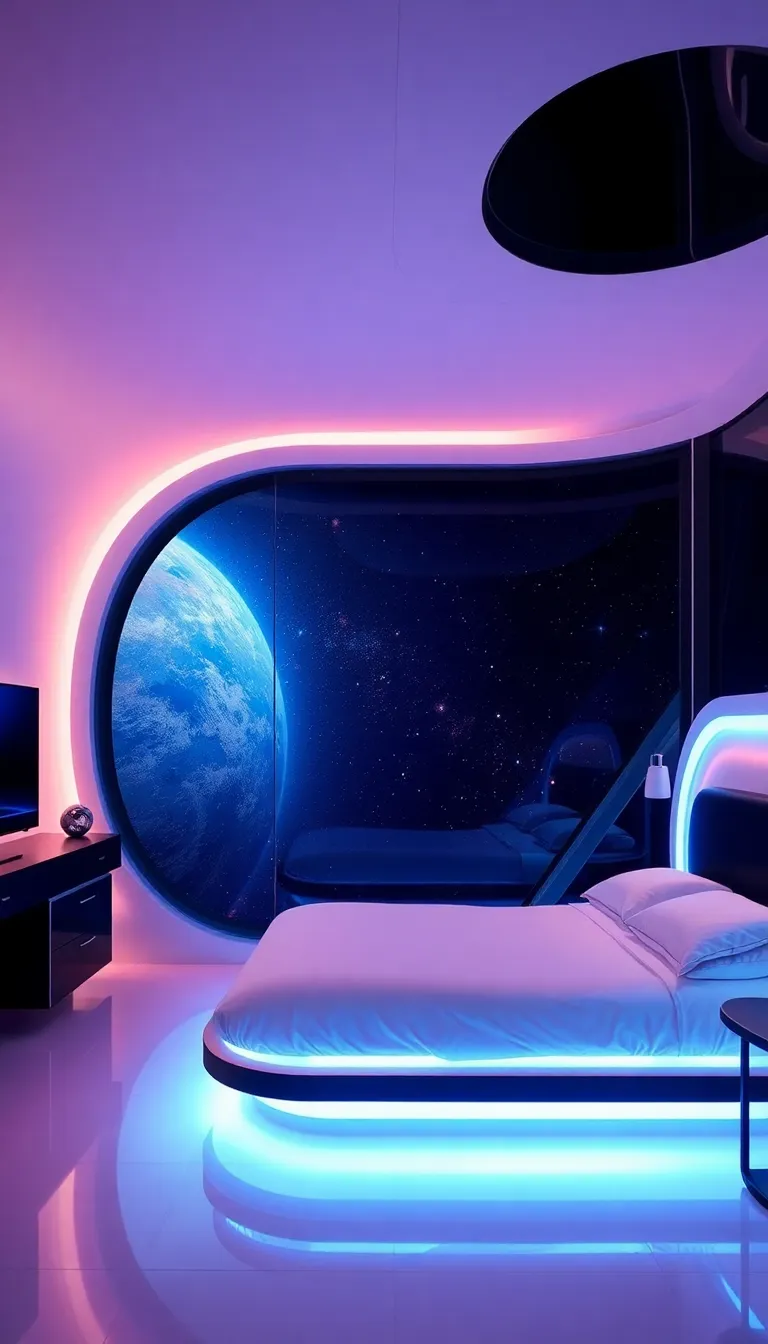 A futuristic bedroom with a curved wall and neon lights.