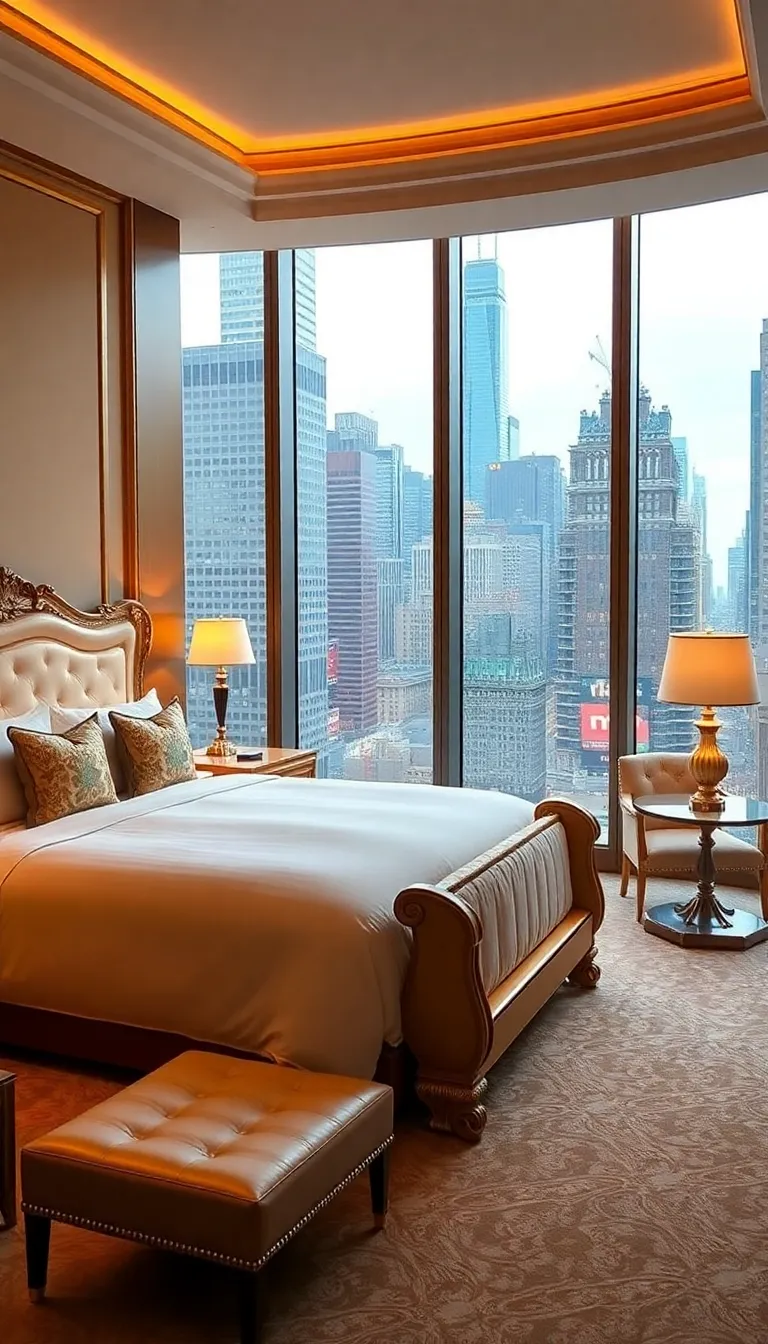 A luxurious bedroom with a large bed and a city view.