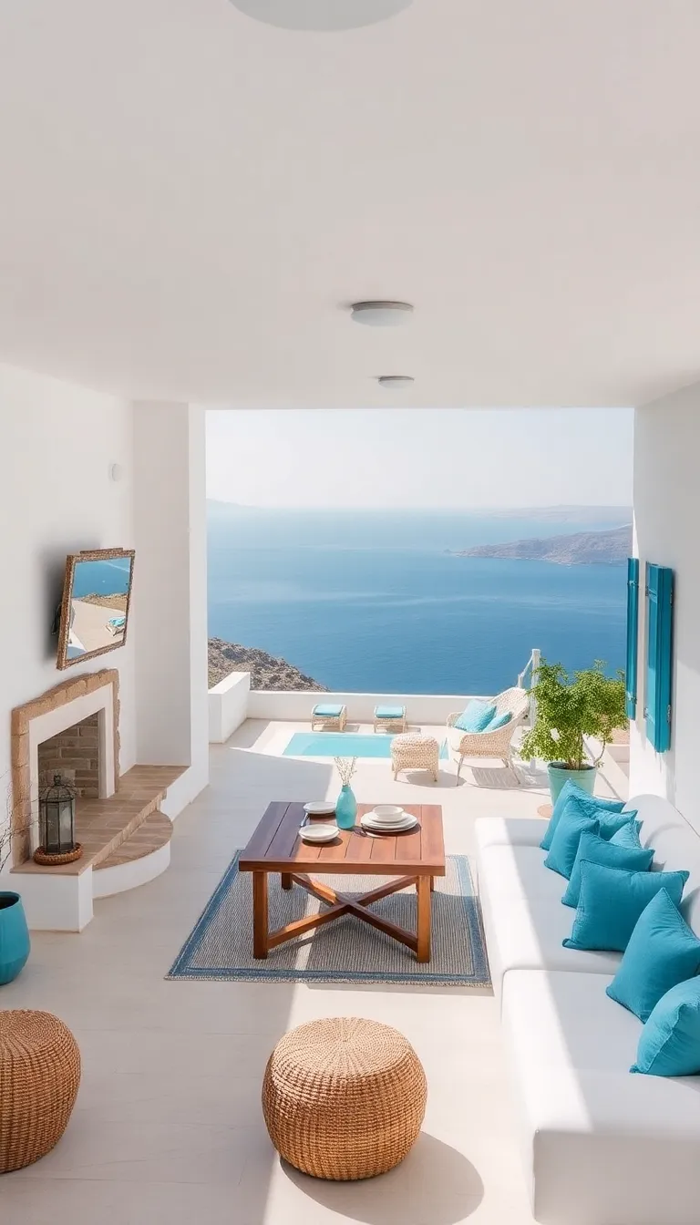 A cozy living room with a fireplace and a view of the ocean.