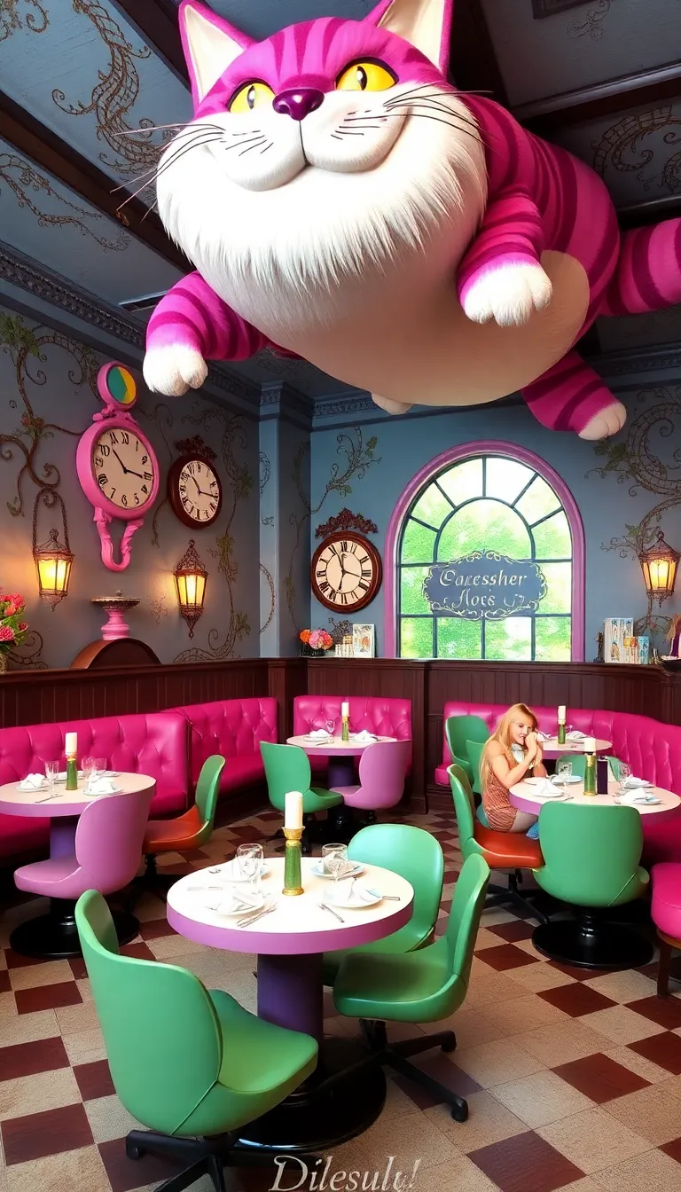 A whimsical restaurant with a giant cat hanging from the ceiling.